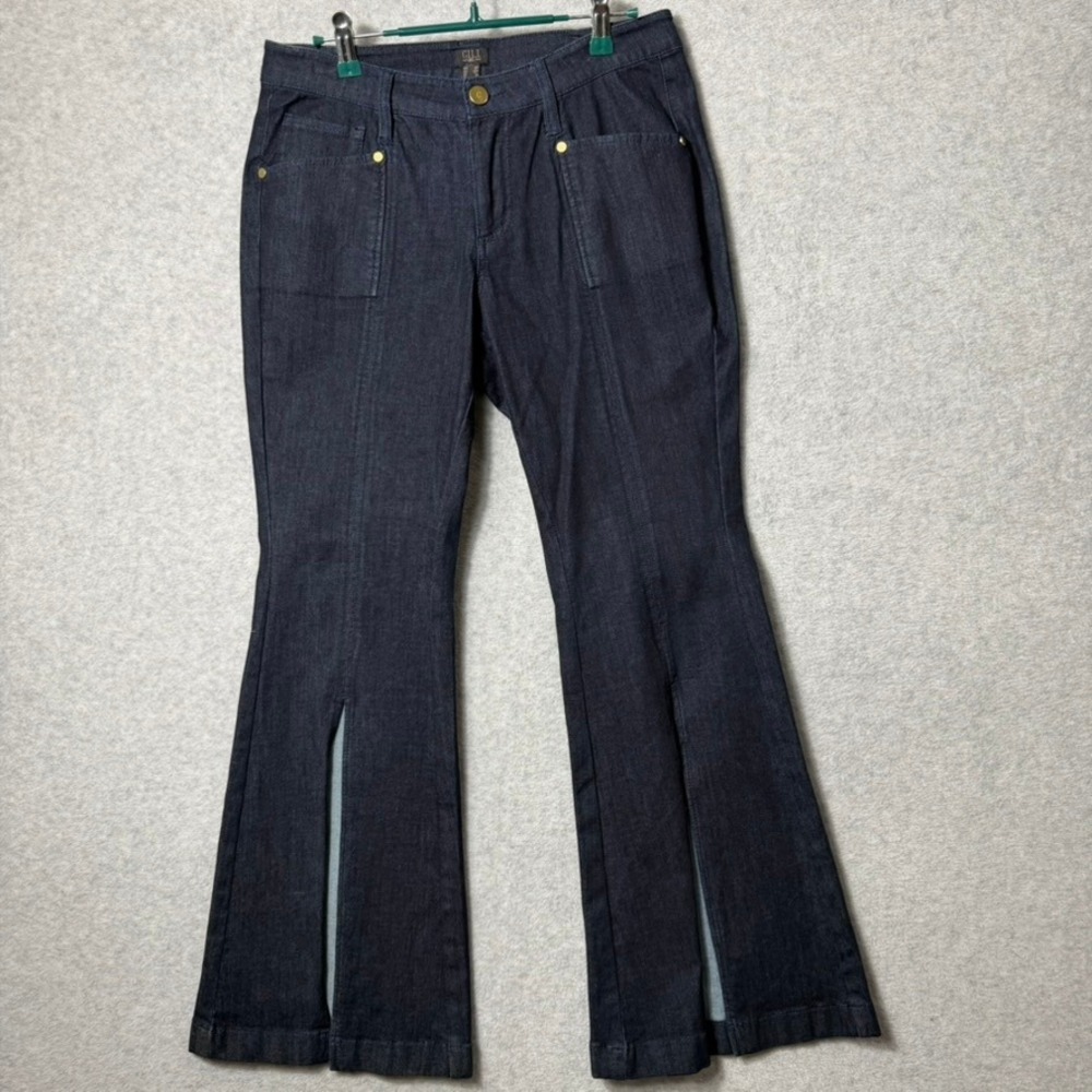 G.I.L.I. Womens Dark Wash Flare Leg Jeans Front Split Hem Indigo Blue Size 8P